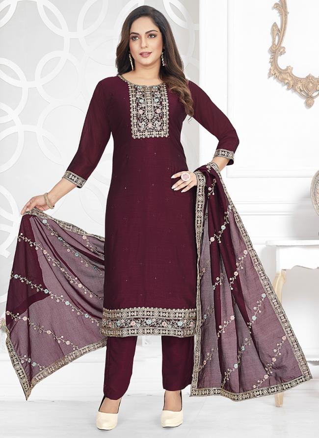 Vichitra  Wine Festival Wear Embroidery Work Readymade Suit